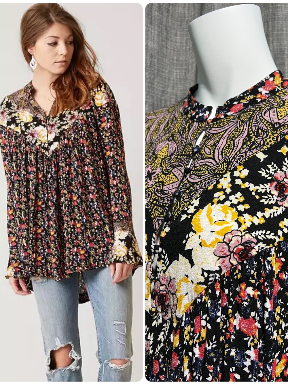 Free People Wildflower Fields Henley Tunic in Midnight Black Floral Small